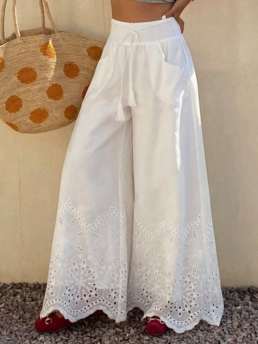 White Casual Women's Lace Hollow Out Tie-Up Pants - Picture 4 of 6